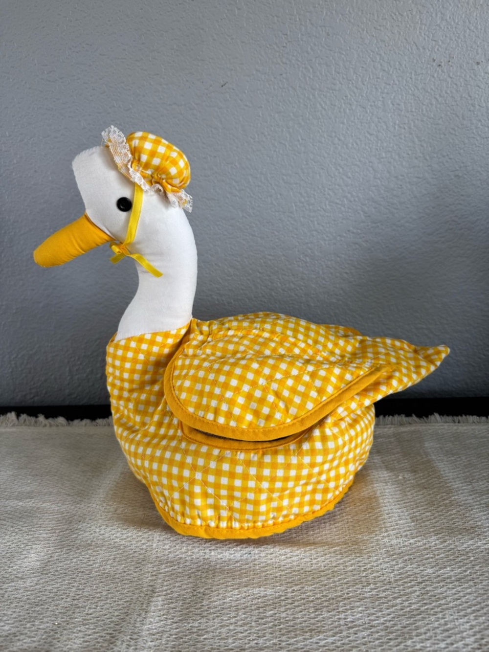 Vintage Quilted Goose Basket Lidded Yellow Gingham Bonnet Cottagecore